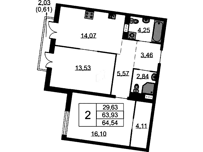2-комнатная квартира 64.54 м², 7/9 эт., ЖК «Бакунина 33»